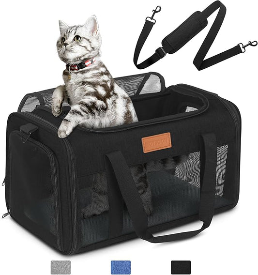 PETUX TSA Approved Pet Carrier in Cabin - 17"x11"x9.5", Underseat, Soft Sided Cat Carriers with Safety Zippers and Anti-Scratch Mesh for Small Cat up to 12 lb, Ideal for Travel and Vet Visit, Black