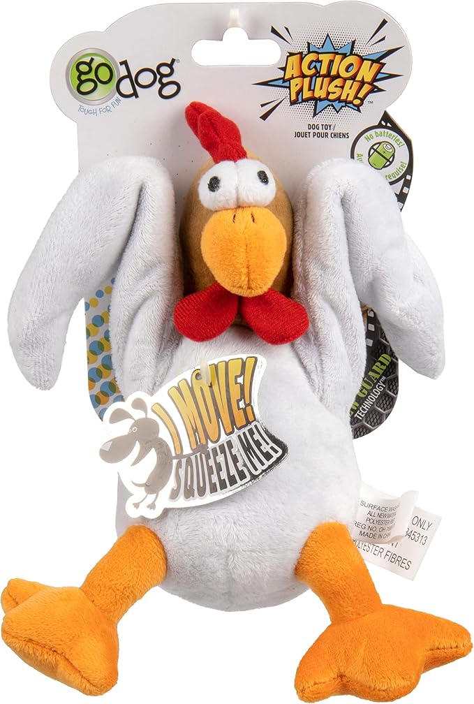 goDog Action Plush Chicken Animated Squeaky Dog Toy, Chew Guard Technology - White, One Size