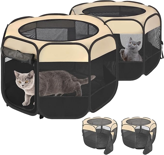 2-in-1 Pop Up Cat Playpen, Detachable into 2 Separate Pens, Assembly-Free Portable Puppy House Collapsible Dog Crates Pet Pen Tent Kennel Kitten Enclosure Cage Indoor Outdoor Foldable(S)