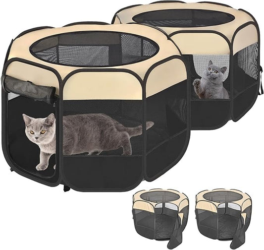 2-in-1 Pop Up Cat Playpen, Detachable into 2 Separate Pens, Assembly-Free Portable Puppy House Collapsible Dog Crates Pet Pen Tent Kennel Kitten Enclosure Cage Indoor Outdoor Foldable(S)