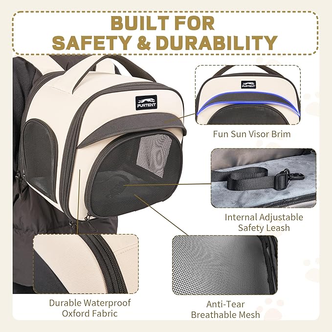 Bunny Backpack, Breathable Collapsible Small Pet Carrier with Safety Leash - for Puppies, Kittens, and Ferret Weighing up to 8 lbs, Designed for Travel, Walking and Outdoor Use Cat Bag, Beige
