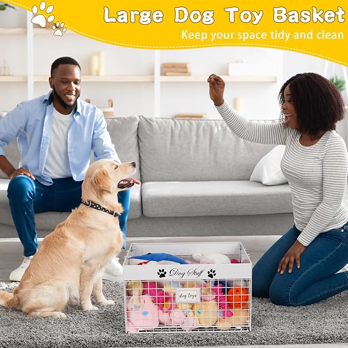 Dog Toy Basket - Large Dog Toy Box with Handles and Label Position Design for Living Room, Metal Dog Toy Bin Storage for Dogs Chew Pets Toys, Blankets, Clothes, Food (White)