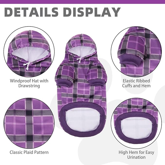 KOOLTAIL Plaid Dog Hoodie for Small Medium Large Dogs - Pet Clothes Sweater with Hat and Pocket for Cold Weather Winter, Warm Soft Dog Hooded Sweatshirt Coat Outfit for Puppy Cats Girls Boys Purple L