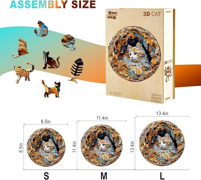 Wooden Puzzles for Adults - Unique Animal Shaped Cat Puzzle, 3D Vision Wooden Jigsaw Puzzle, Christmas Birthday Gifts for Friends/Family, Home Decor 8.5 * 8.5in 100pcs