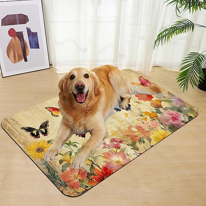 Vintage Butterfly Floral Pet Food Mat for Cats and Dogs–Absorbent Quick Dry Feeding Placemat, Non Slip Rubber Base, Waterproof Bowl Mat for Indoor Use, Pet Supplies 16"x24"