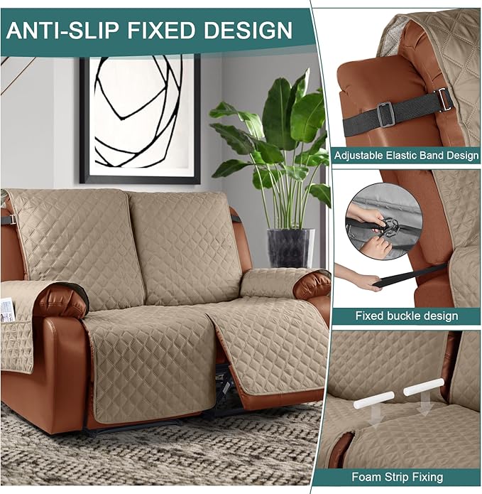 Ruaozz Waterproof Recliner Sofa Cover 1-Piece Couch Covers for Reclining Couches Reclining Sofa Cover Washable Furniture Protector with Elastic Straps Pocket for Kids, Pets (Khaki, XL 2 Seater)