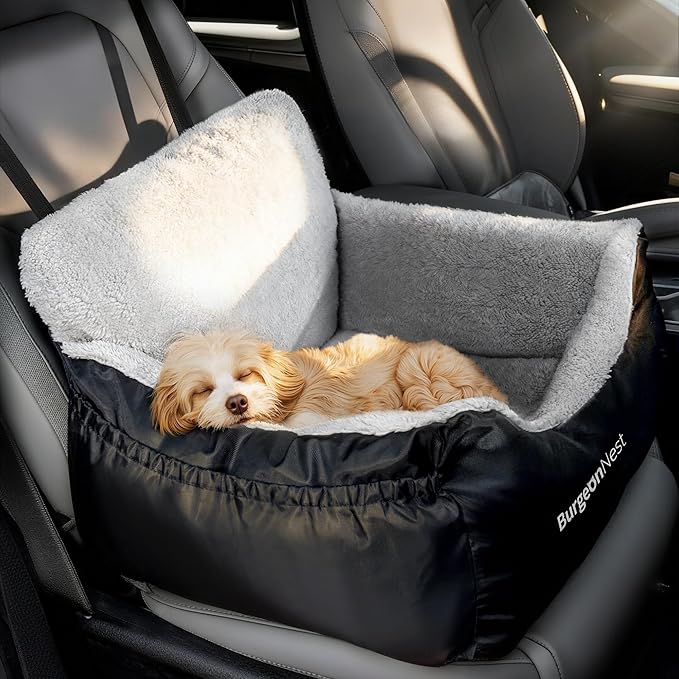 BurgeonNest Dog Car Seat for Small Dogs, Soft Pet Car Travel Home Bed Under 25 lbs, Fully Detachable and Washable Cat Booster Carseats with Storage Pockets and Clip-On Leash Portable Carrier,Black