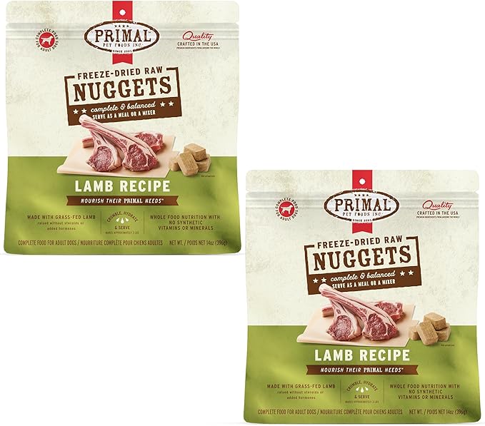 Primal Freeze Dried Raw Dog Food Nuggets, Lamb, Complete & Balanced Meal, Also Use as Topper or Treat, Premium, Healthy, Grain Free, High Protein Raw Dog Food, 14 oz (Pack of 2)