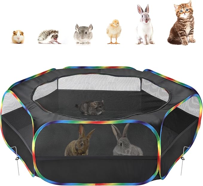 Pawaboo Small Animals Playpen, Waterproof Small Pet Cage Tent with Zippered Cover, Portable Outdoor Yard Fence with 3 Metal Rod for Chick/Kitten/Puppy/Guinea Pig/Rabbits/Hamster, Black + Rainbow