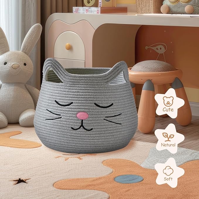 OMERAI Animal Baskets Cotton Rope Storage Basket Woven Toy Basket Large Basket for Blankets Cute Cat Toy Box with Handles Foldable Animal Laundry Basket Nursery Organizer, 15"D x 12.6"H