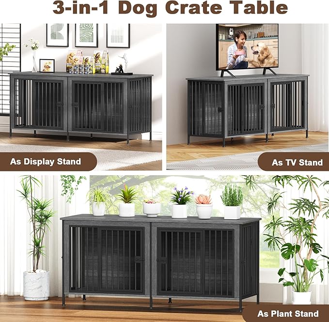EasyCom Dog Crate Furniture for 1 or 2 Dogs, Heavy Duty Single/Double Dog Crates for Small/Medium/Large Dogs, Dog Kennel Furniture Indoor as TV Stand, Medium Size 63" L(20-35 Pounds), Dark Grey