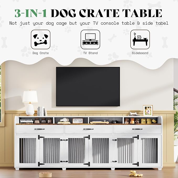 AMERLIFE 95" Large Dog Crate Furniture with Storage, 3-Room Indoor Wooden Dog Kennel for Large/Medium Dogs, TV Stand & Sideboard with Drawers & Removable Divider, White+Barnwood