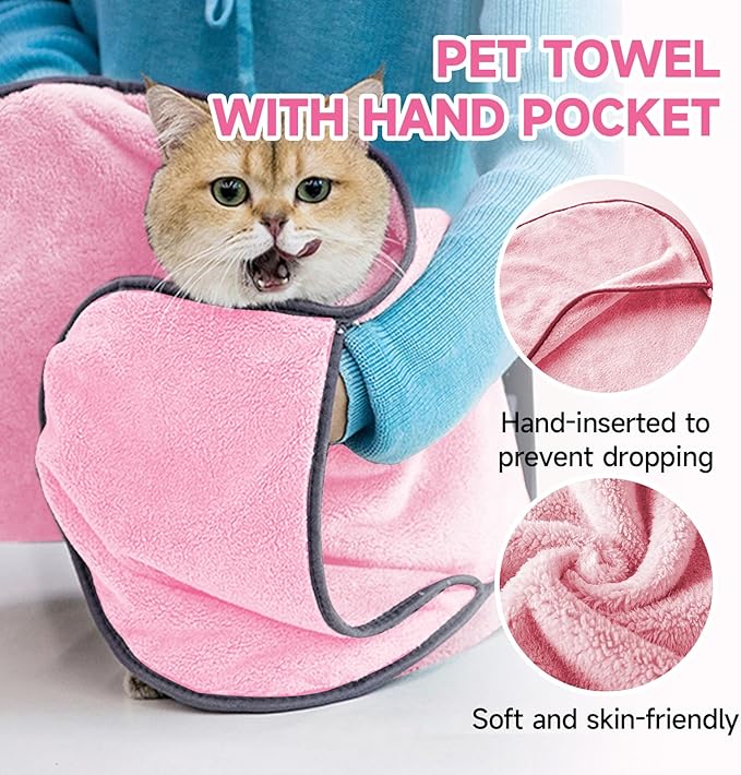 Dog Towels for Drying Dogs Small Medium Large, 2 Pack Dog Cat Drying Bath Towel 30.3"x13.8" with Hand Pocket,Absorbent Pet Towel for Dog Cat Pink
