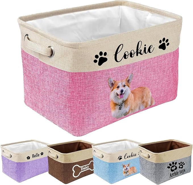 xrlsg Personalized Dog Toy Storage Basket Bin - Collapsible with Pet's Name - Rectangular Custom Storage Box Chest Organizer for Toys, Coats, Clothing, Blankets