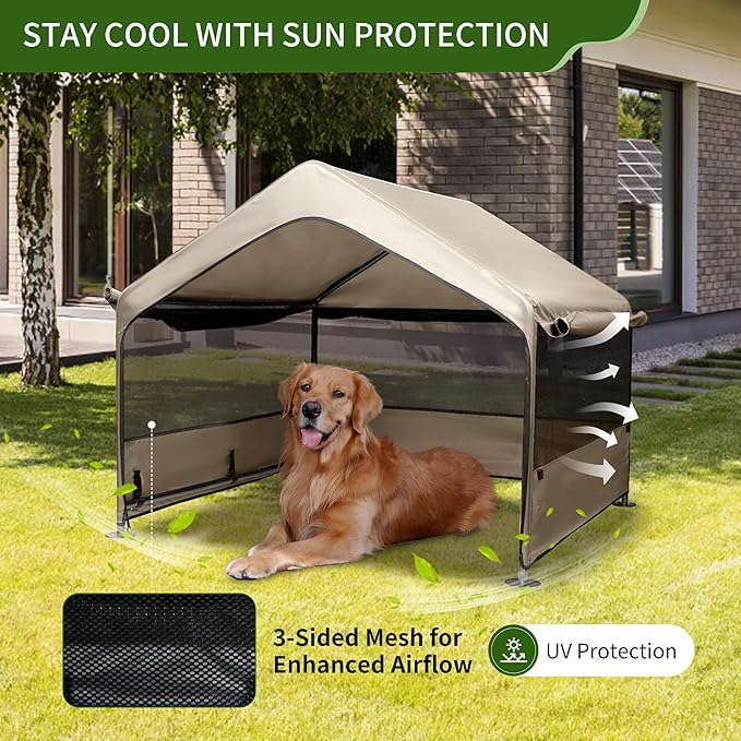 Summertrail Extra Large Dog House Outside, Dog Tent Outdoor, Big Dog Shade Shelter Doghouse Canopy with Three-Sided Mesh Windows, Sun Rain Cover for Pet Cat Livestock 4'x 4'x 3.3' Khaki