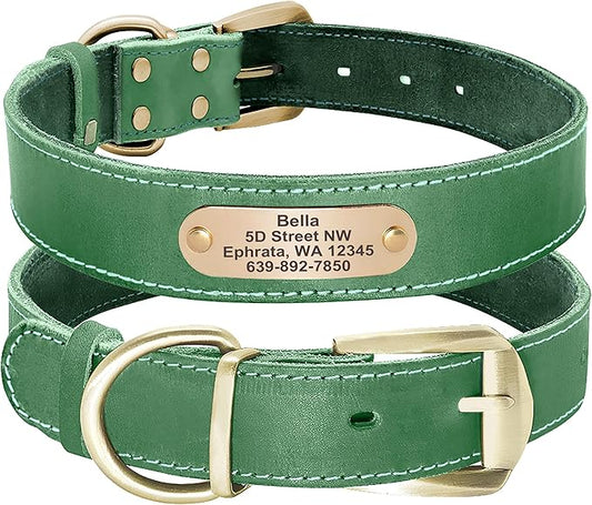 Didog Genuine Leather Dog Collars with Engraved Nameplate, Personalized Soft Leather Dog Collar with Custom ID Tag, Brown/Green/Red for Medium Large Dogs (XXL,Green)