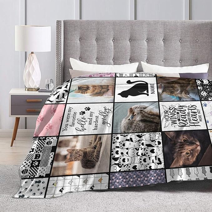 Funnylife Personalized Pet Memorial Gifts for Cats, Flannel Custom Cat Photo Memory Blankets Sympathy for Loss of Cat Bereavement Gifts 50"x60"