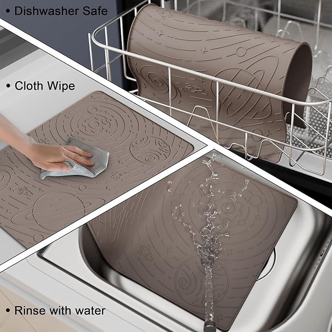 OHMO Dog Food Mat, Silicone Waterproof Cat Food Mat, Non-Skid Spill Proof Pet Feeding Mat for Food and Water, Easy to Clean Dog Placemat(Beige, 23.6" x 15.8")