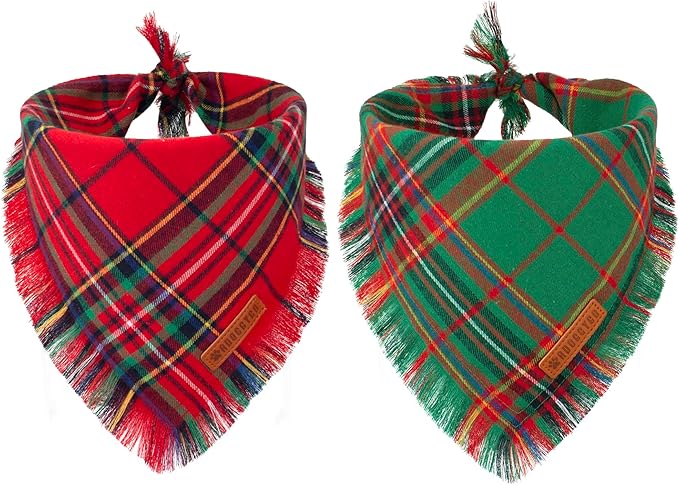 ADOGGYGO 2 Pack Dog Bandana Christmas with Tassels Edges, Stylish Red Green Plaid Pet Scarf Bibs Kerchief, Premium Cotton Fabric, Pet Christmas Bandanas for Large X-Large Dogs (X-Large)