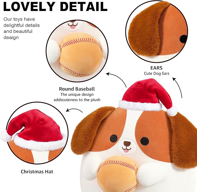 Onsoyours Original Christmas Beagle Dog Stuffed Animal with Baseball Santa Hat- 12 inch Soft Sport Puppy Plush Toy, Cute Plushies Xmas Gift for Kids & Adults Brown