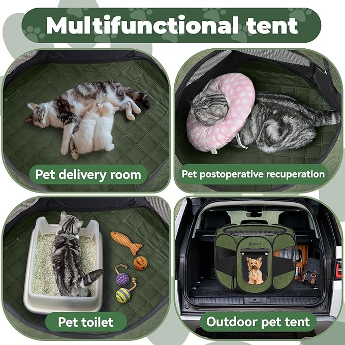 Dog Cat Playpen Indoor Outdoor for Puppy Pet Dogs Cat Recovery After Surgery, Dog Tent Crates Cage Indoor/Outdoor, Portable Pop Up Kennel with Carrying Case for Travel (Premium Green with Pad, Small)