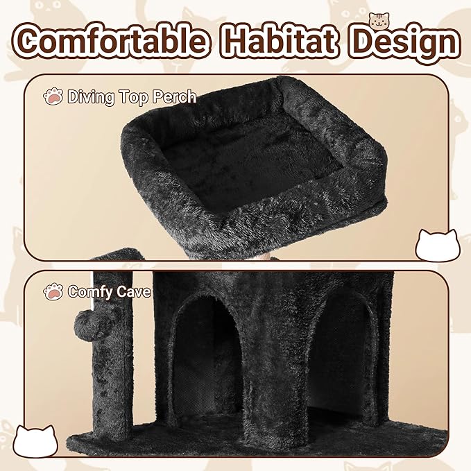 Cat Tree, 54-Inch Cat Tower for Indoor Cats,Plush Multi-Level Cat Condo with Scratching Posts, Basket, Perches,2 Caves,2 Pompoms(Black)