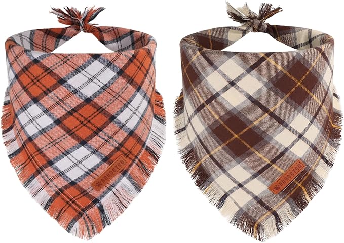 ADOGGYGO Fall Dog Bandanas with Tassels Edges, Orange Brown Plaid Scarf Bib, Multi Size, Fall Thanksgiving Halloween Bandanas for Extra Large Dogs (X-Large)