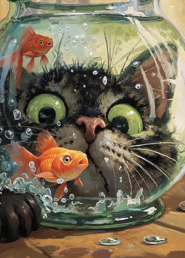 Curious Cat Fish Jigsaw Puzzles 1000 Pieces for Adults -Challenging Funny Kitten Terrified Fish Art, Premium Matte Finish, 27.56 x 19.68 Inches, Perfect for Game Nights