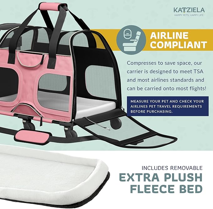Katziela Pet Carrier - Airline Compliant Dog Carrier - TSA Approved Pet Carrier for Small Dogs and Cats - Soft FAA Travel Airplane Dog Carrier Luggage (Pink/White-6 Wheels)