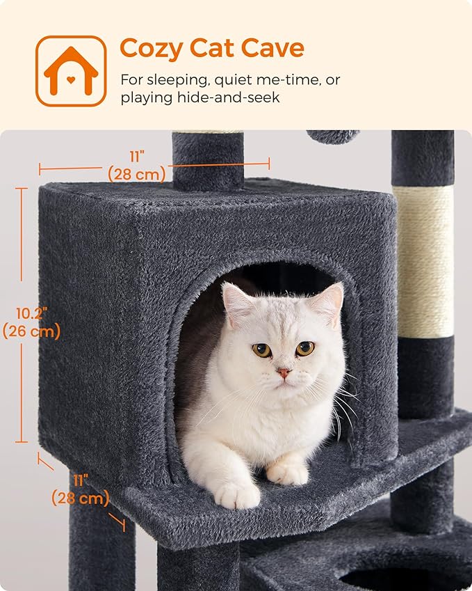 Feandrea Cat Tree, 61-Inch Cat Tower for Indoor Cats, Plush Multi-Level Cat Condo with 5 Scratching Posts, 2 Perches, 2 Caves, Hammock, 2 Pompoms, Smoky Gray UPCT192G01