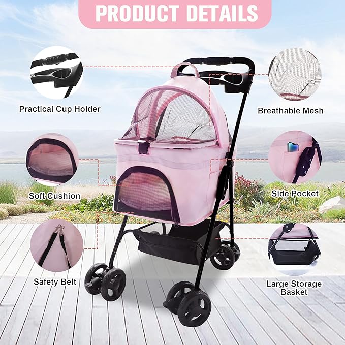 2 in 1 Pet Stroller, Detachable Dog Stroller, Portable Pet Cart w/ 4 Wheels, Cup Holder for Small Dog/Cat, Foldable Waterproof Jogging Travel Carrier Cart, Pink