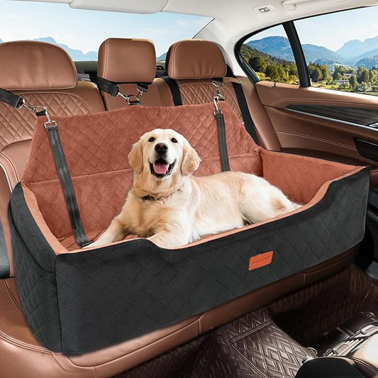 Large Dog Car Seat Under 100 lbs, Washable Dog Car Bed for 2 Medium Dogs, Detachable Pet Booster Seat with Storage Pocket and Seat Belt for Back Seat Dog Travel Bed