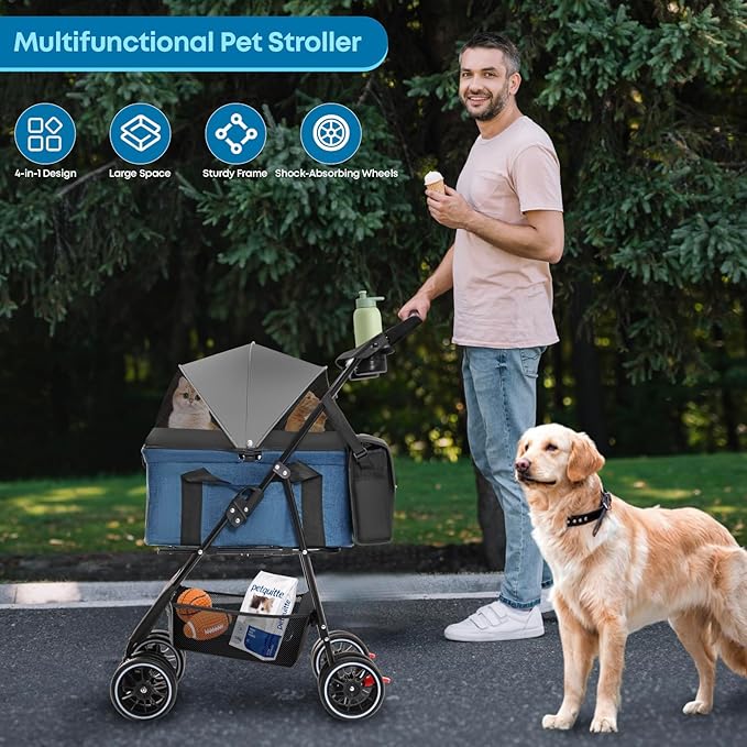 2-in-1 Foldable Pet Stroller with Canopy, 4 Wheels Pet Strolling Cart for Small/Medium Dogs and Cats with Removable Carrier,Breathable Mesh,Mom Tote Bag,Cup Holders,Easy Assembly,Grey+ Green