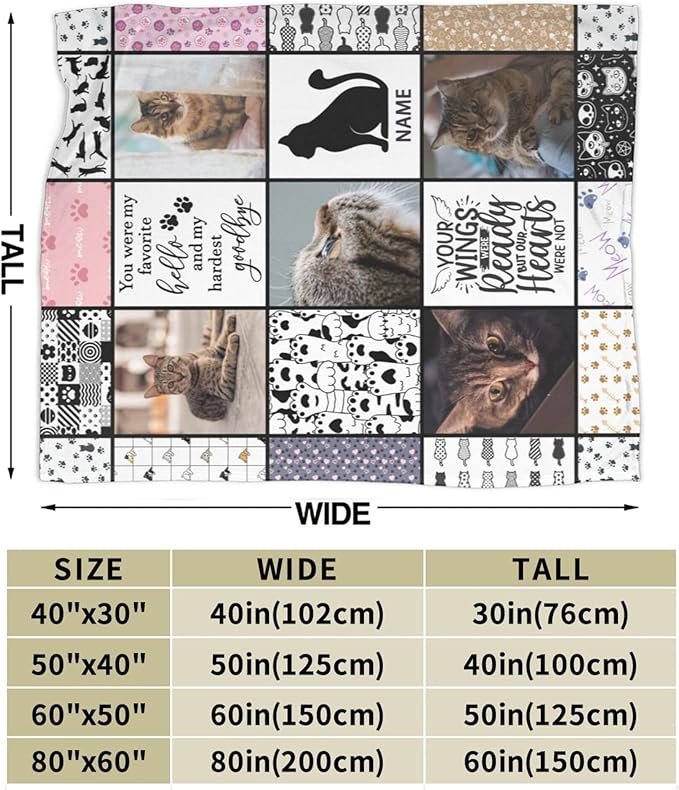 Funnylife Personalized Pet Memorial Gifts for Cats, Flannel Custom Cat Photo Memory Blankets Sympathy for Loss of Cat Bereavement Gifts 60" x 80"