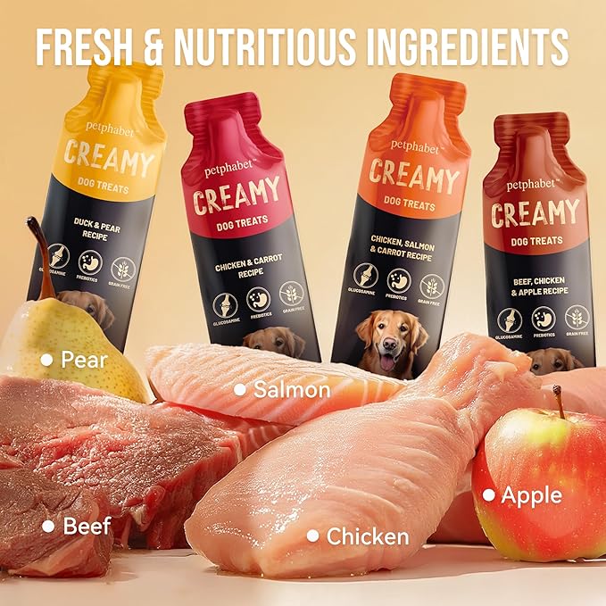 PETPHABET Lickable Squeeze Treats for Dogs, Wet Dog Food Meal Topper, Creamy Puree Dog Snacks, Puppy Pouch Treats for Training and Enrichment, Healthy High Protein Variety Pack (8 ct/1.4 oz Each)