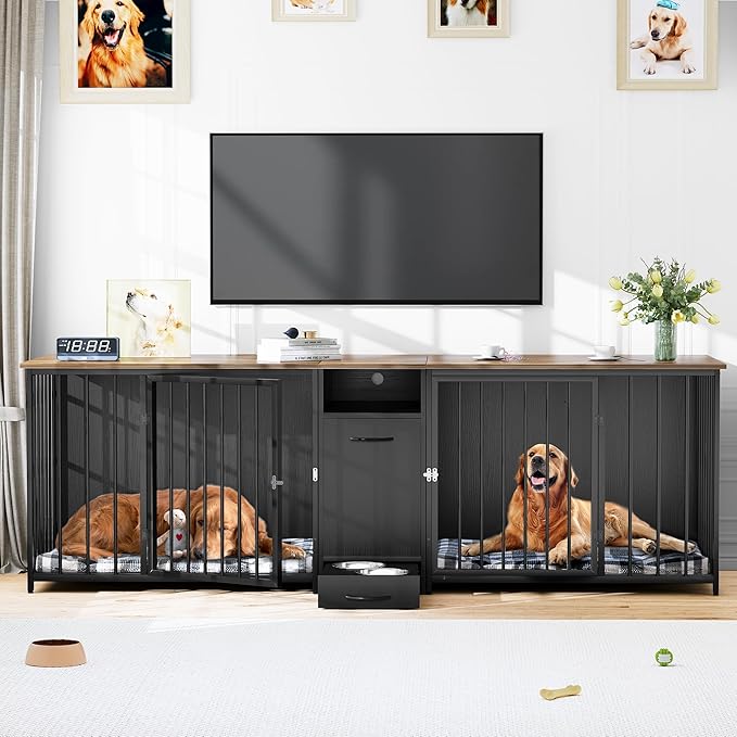YITAHOME Double Dog Crate Furniture 94.5 inch with Feeder Bowls, Large Breed Dog Kennel with Divider and Storage Drawer, Heavy Duty Dog House TV Stand Indoor for 2 Large/Medium Dogs, Black