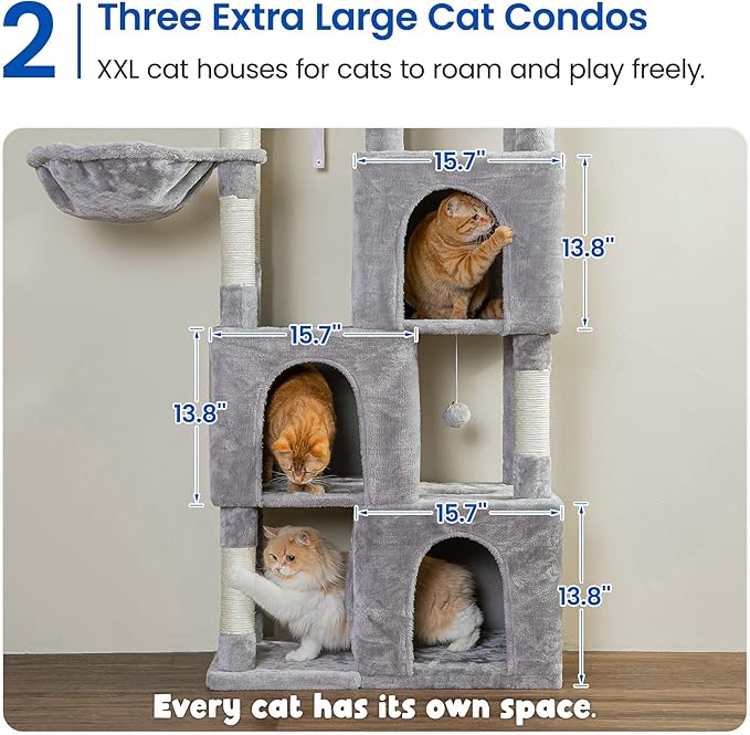 MWPO Extra Large Cat Tree - 70.1-Inch Tall Cat Tower with 3 Cat Condos, Multi-Level Cat Stand for Large Cats Featuring Scratching Posts, Padded Perches, Hammock, Dangling Toys, Light Grey