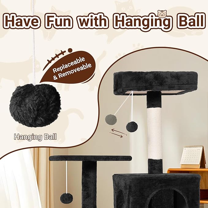 Cat Tree, 54-Inch Cat Tower for Indoor Cats,Plush Multi-Level Cat Condo with Scratching Posts, Basket, Perches,2 Caves,2 Pompoms(Black)