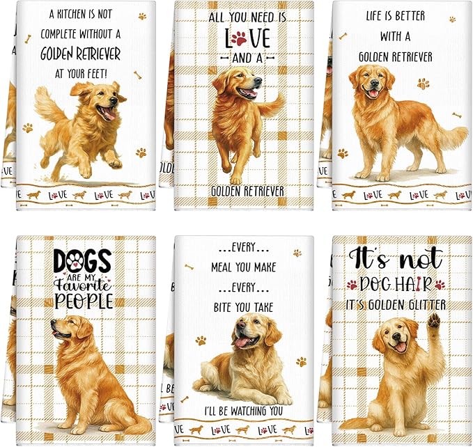Redbaker 6 Pcs Golden Retriever Kitchen Towels Funny Dish Towel Gifts for Golden Retriever Lovers Kitchen Hand Tea Dishcloth Dog Owner Decorative with Hanging Loop for Christmas Home Housewarming Gift