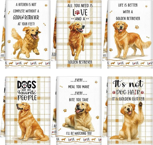 Redbaker 6 Pcs Golden Retriever Kitchen Towels Funny Dish Towel Gifts for Golden Retriever Lovers Kitchen Hand Tea Dishcloth Dog Owner Decorative with Hanging Loop for Christmas Home Housewarming Gift
