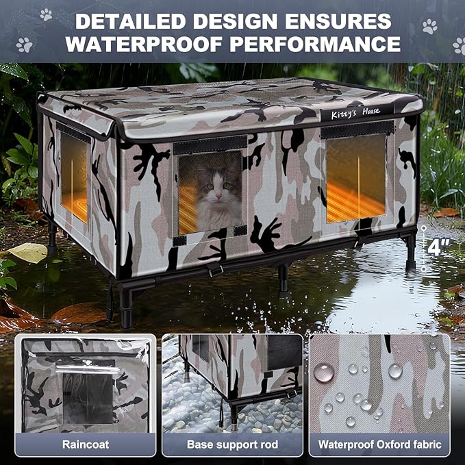Heated Outdoor Cat House - Weatherproof Outdoor Cat Shelter with 2 Doors & Rain Cover, Waterproof Warm Outside Cat House for Feral Cats & Stray Pets (32"x22"x18")