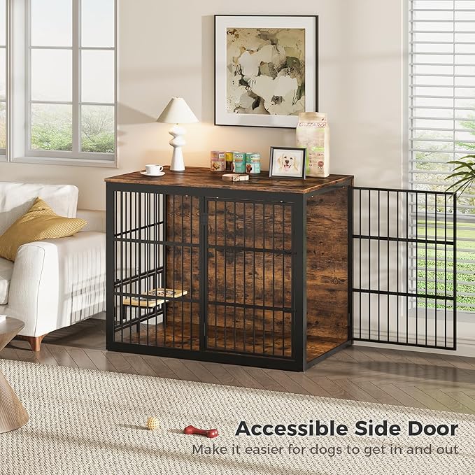 Lyromix 48'' XXL Dog Crate Furniture with Rotating Feeder, Large Wooden Crate End Table, Heavy Duty Indoor Kennel Cage for Medium to Large Dogs, Brown