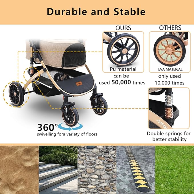 Pettingzoo Dog stroller with 4 Wheels, Folding Cat Stroller for Small/Medium/Large dogs & cats to 60 lbs, pet stroller with removable carrier, Storage BasketCup Holder,3 in1 Multifunctional Detachable