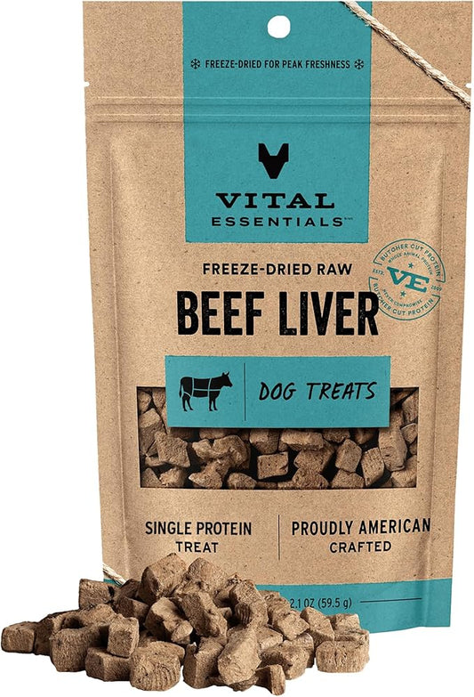 Vital Essentials Single Ingredient Beef Liver Dog Treats, 2.1 oz | Freeze-Dried Raw | Premium Quality High Protein Training Treats | Grain Free, Gluten Free, Filler Free