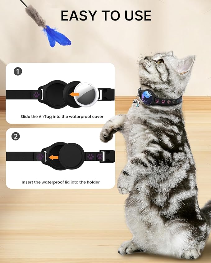 Cat Collar with Airtag Holder, 2 Pack Waterproof Breakaway Kitten Collar for Apple AirTag GPS Tracker, Adjustable Cat Collar with Buckle, Bell & Reflective Pattern for Cats, Kittens, Black (8-11")