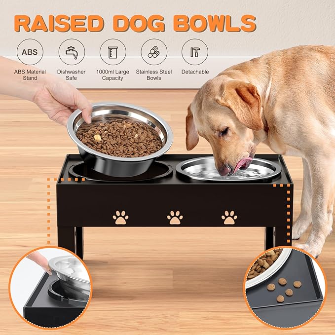 Elevated Dog Bowls with 2 Stainless Steel Bowls, Raised Dog Food Bowl Stand 5 Height Adjustable (3.1", 9", 10", 11", 12") Non-Slip Feeder Station Set for Medium and Large Dogs - Black