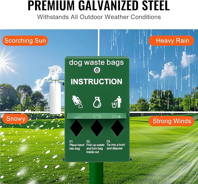 VEVOR Dog Poop Bag Dispenser with Hand Wash Bottle, Lockable Outdoor Dog Waste Bag Holder with 600 Waste Bags, Stake, Pole, Fence & Wall Mounted Dog Poop Bag Storage, Pet Waste Station for Porch, Lawn