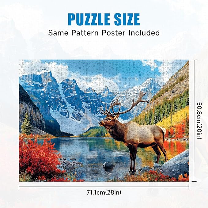 Puzzles for Adults 1000 Pieces, Majestic Elk in Mountain Lake Fall Landscape Puzzle with Letters on Back, Nature and Wildlife Jigsaw Puzzle for Relaxation, Gift for Game Night(28"x20")