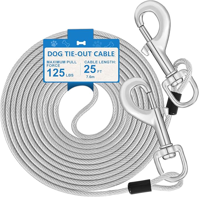 25ft Dog Tie Out Cable, Dog Leash Heavy Duty Tie Out Cable for Large Dogs Up to 125lbs Pull Force, Dogs Runner for Yard Outdoor and Camping, Heavy, Silver