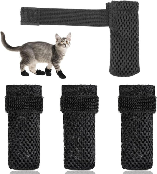 4 Packs Anti Scratch Cat Boots, Adjustable Cat Claw Protectors Covers, Black Breathable Mesh Cats Mittens Foot Covers for Indoor Cats Pet Bathing Cutting Nails（M）